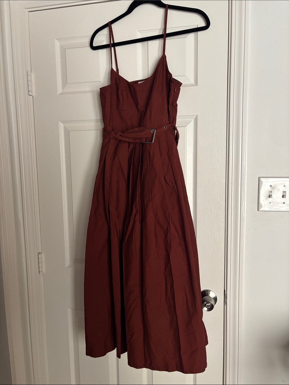Sleeveless Belted Midi Dress in Rust Red